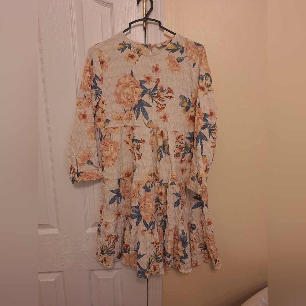 Zara Floral Tiered Long-Sleeve Dress - Cream with Peach & Blue Flowers